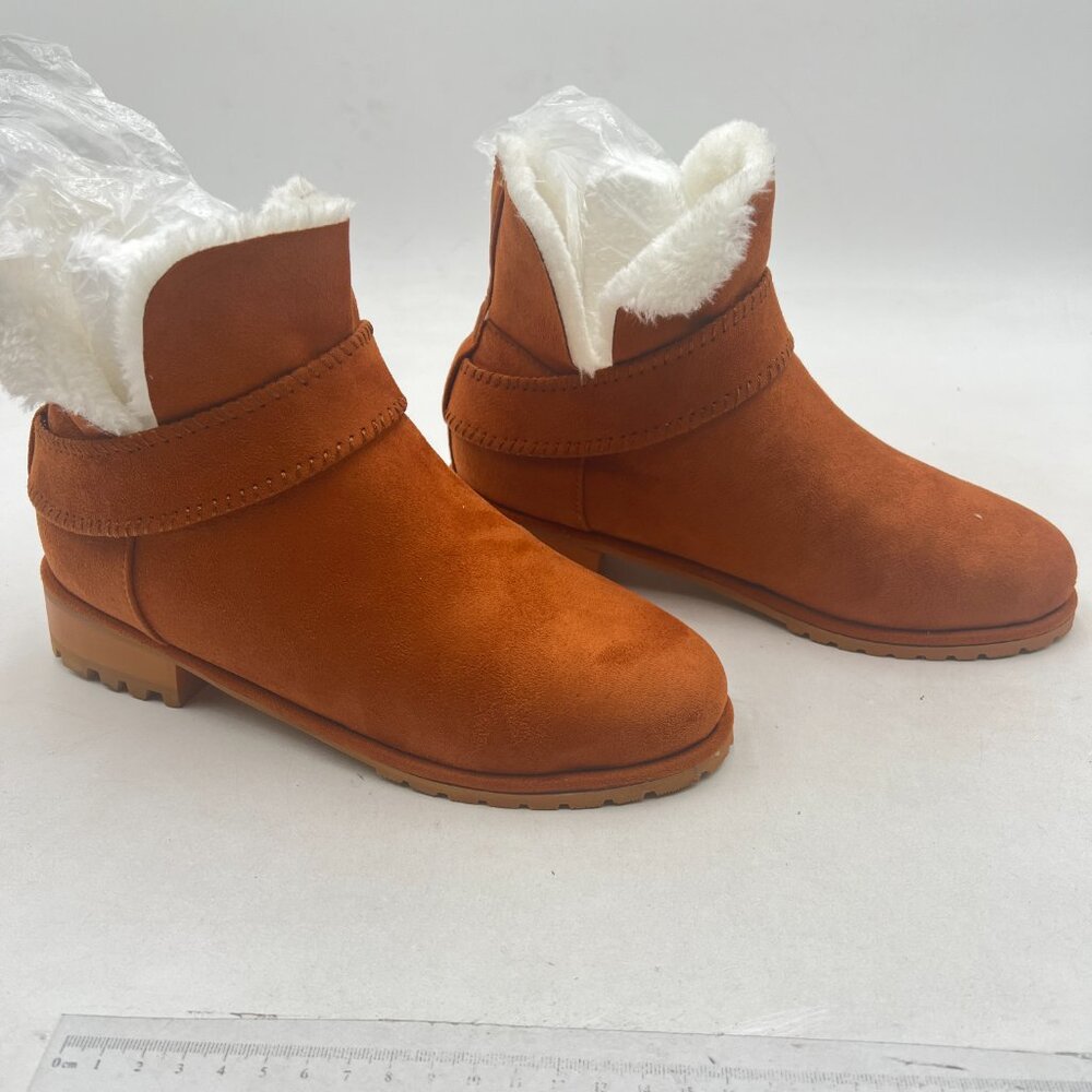 Brown Women Cute Winter Round Toe Ankle Snow Boots Comfy Low Heels Warm Fur Shoe